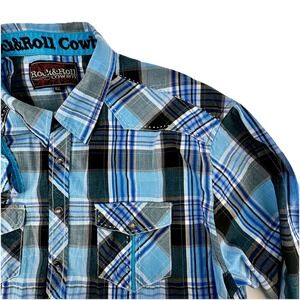 Rock And Roll Cowboy Western Shirt Men's 2XL Blue Pearl Snaps Topstitching